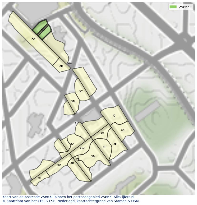 Afbeelding van het postcodegebied 2586 XE op de kaart.