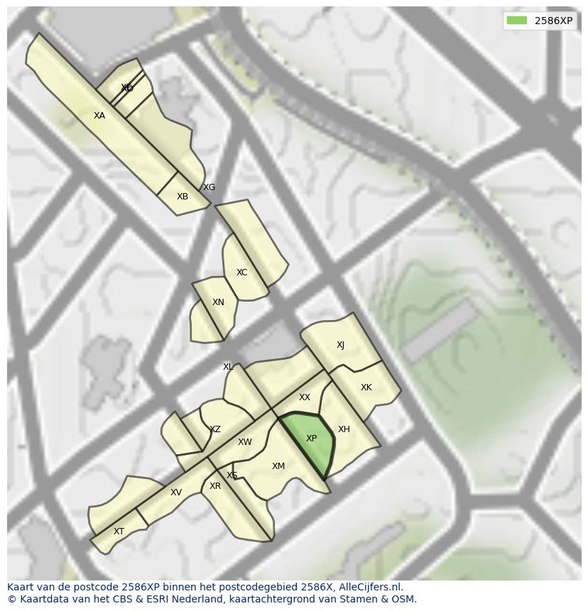 Afbeelding van het postcodegebied 2586 XP op de kaart.