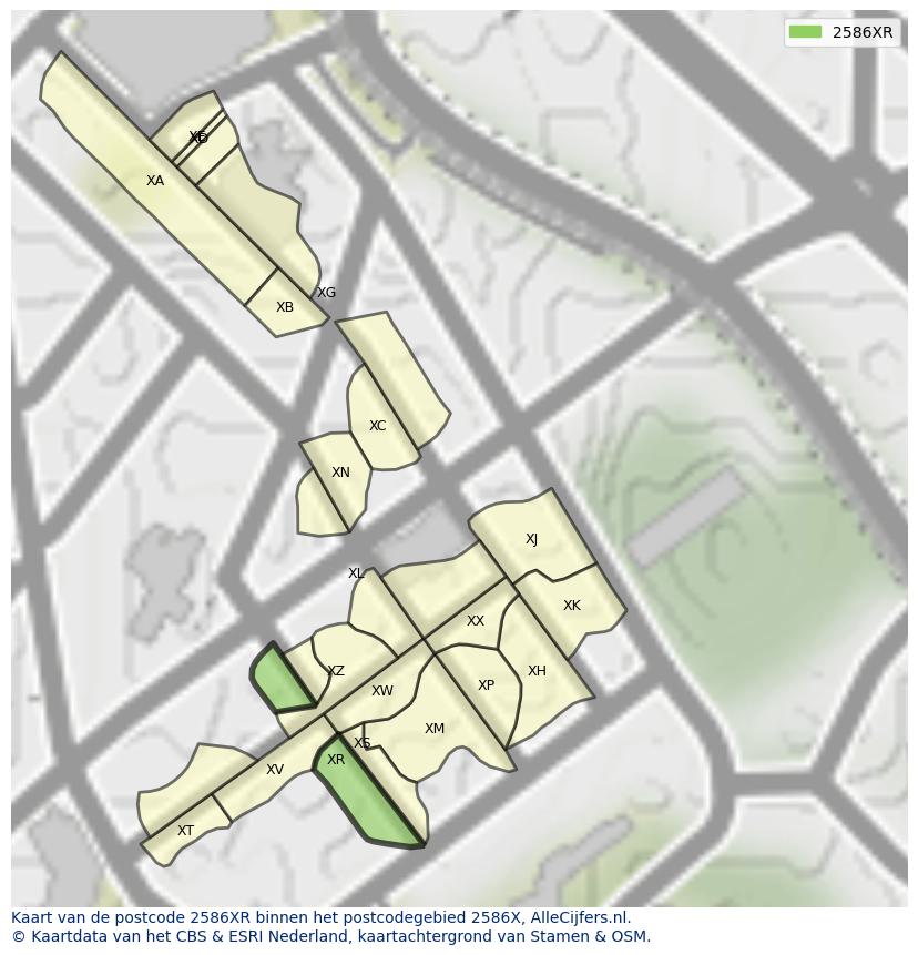 Afbeelding van het postcodegebied 2586 XR op de kaart.
