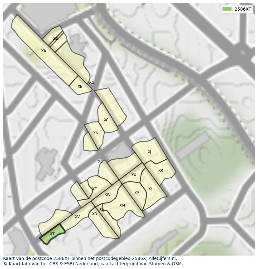 Afbeelding van het postcodegebied 2586 XT op de kaart.