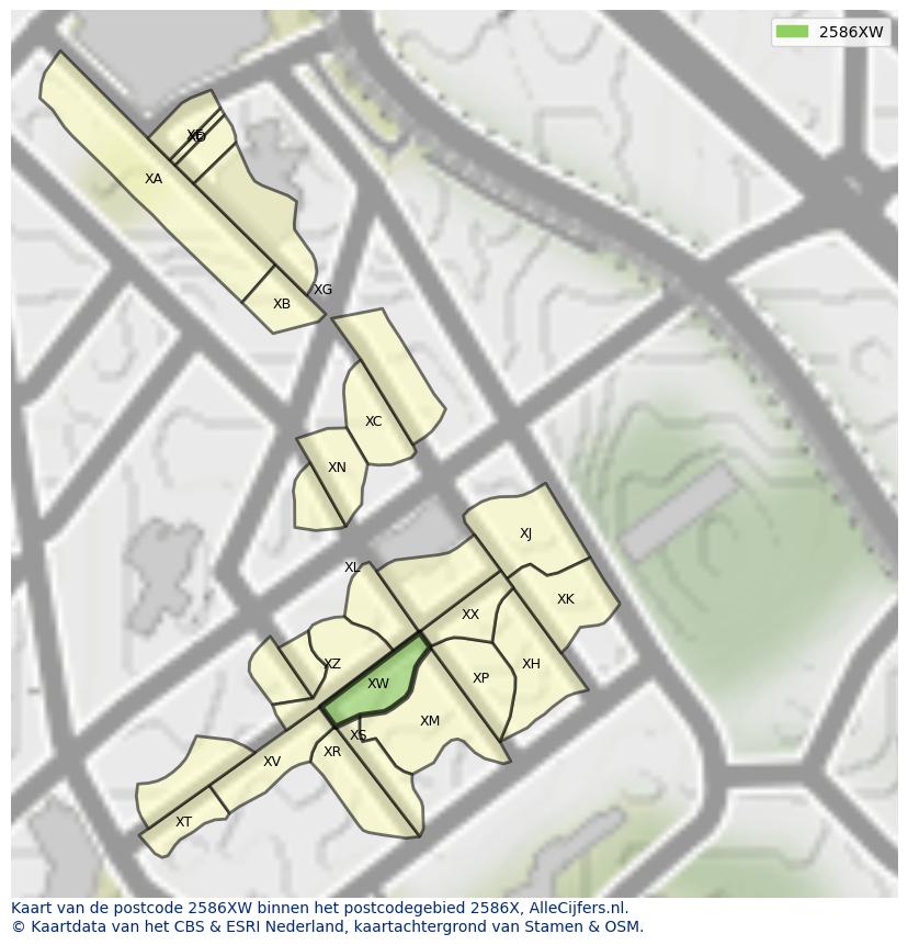 Afbeelding van het postcodegebied 2586 XW op de kaart.