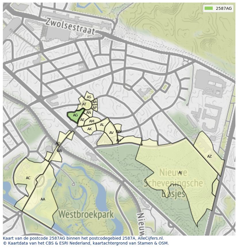 Afbeelding van het postcodegebied 2587 AG op de kaart.