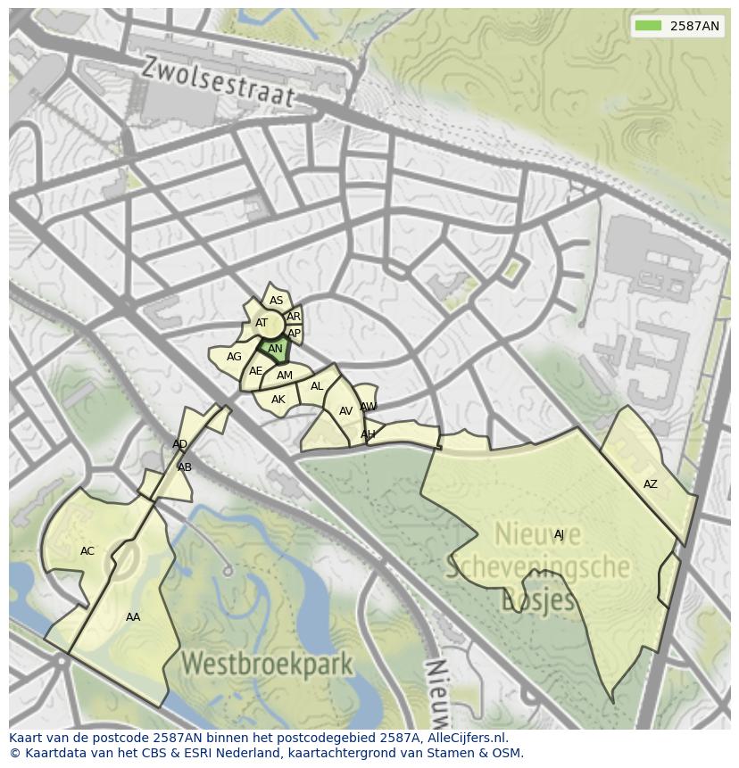 Afbeelding van het postcodegebied 2587 AN op de kaart.