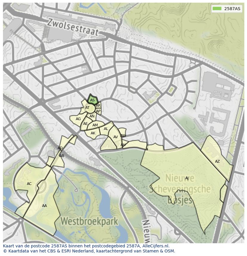 Afbeelding van het postcodegebied 2587 AS op de kaart.