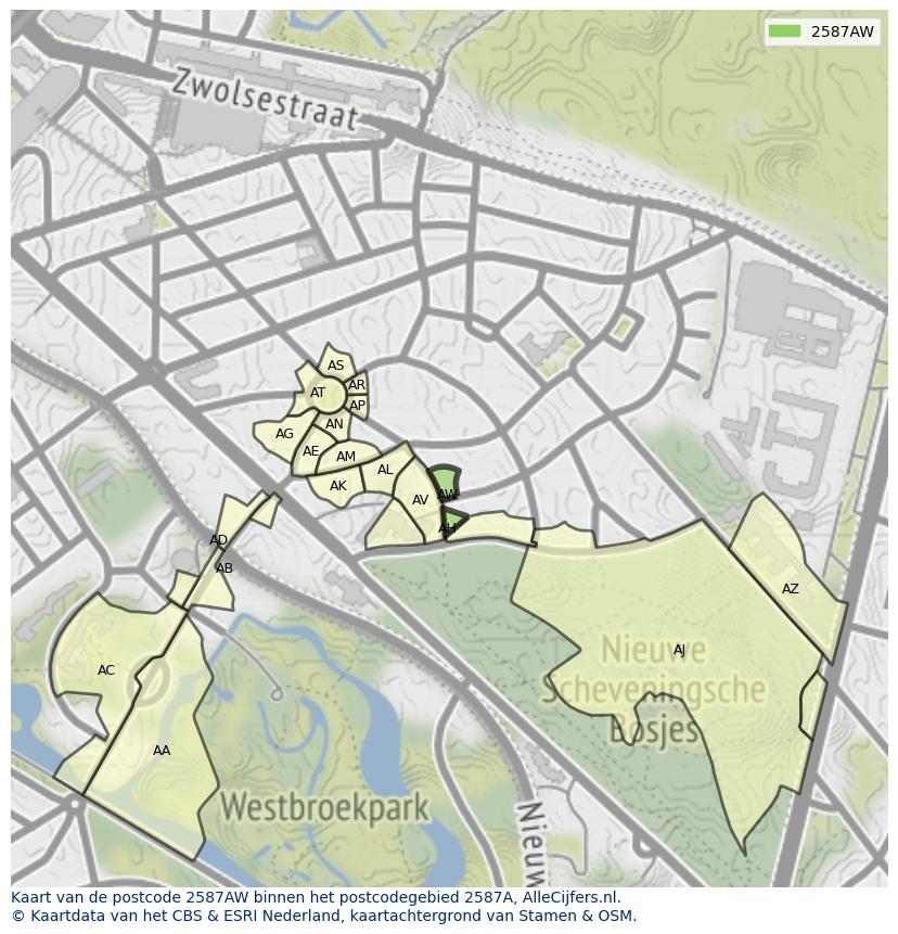 Afbeelding van het postcodegebied 2587 AW op de kaart.