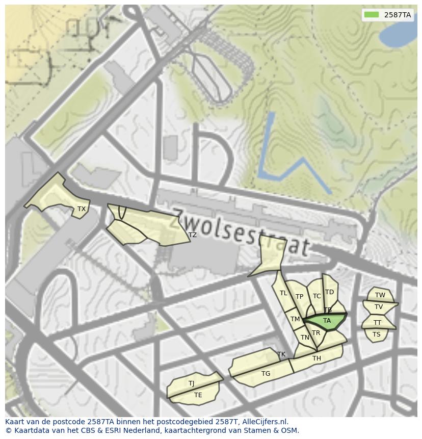 Afbeelding van het postcodegebied 2587 TA op de kaart.