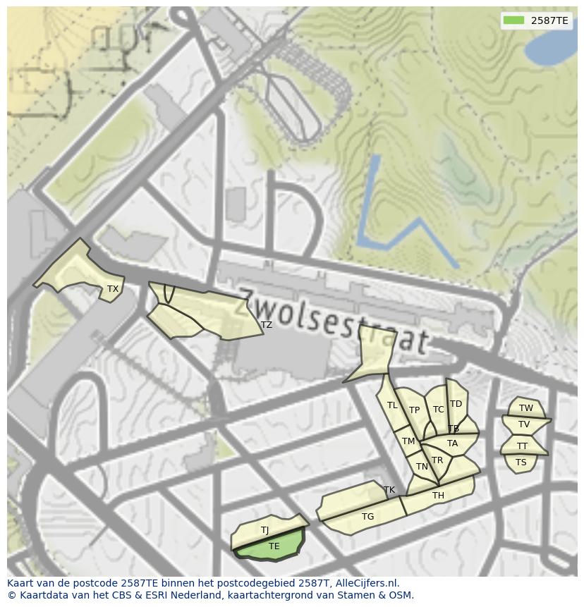Afbeelding van het postcodegebied 2587 TE op de kaart.