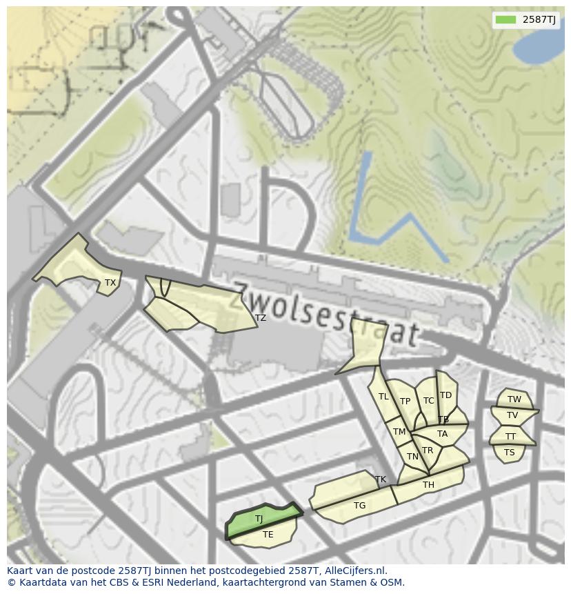 Afbeelding van het postcodegebied 2587 TJ op de kaart.