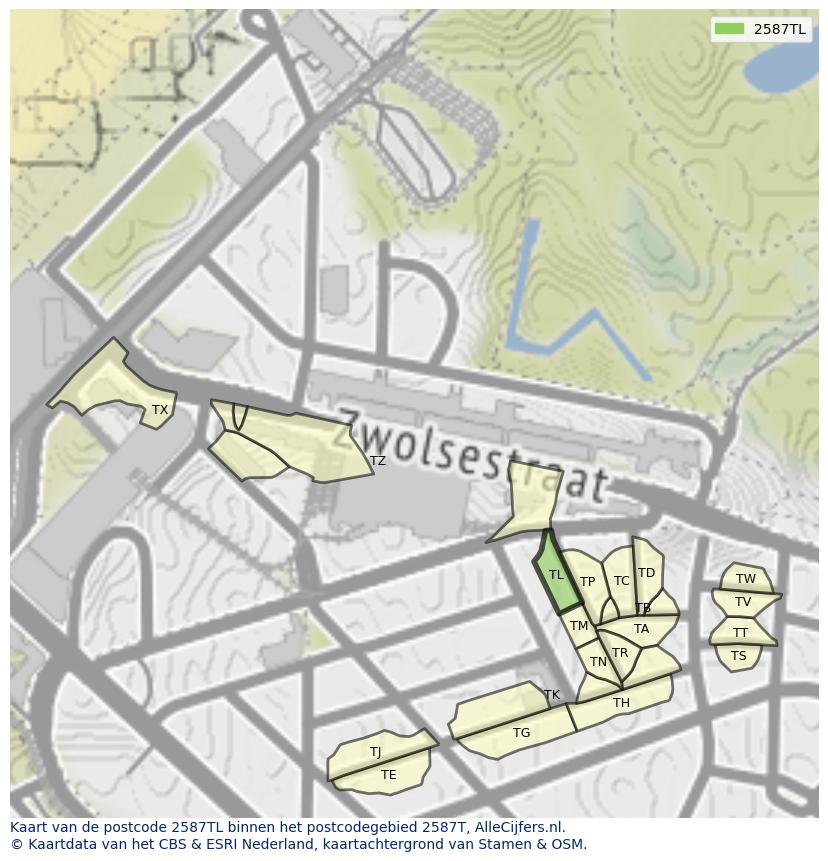 Afbeelding van het postcodegebied 2587 TL op de kaart.