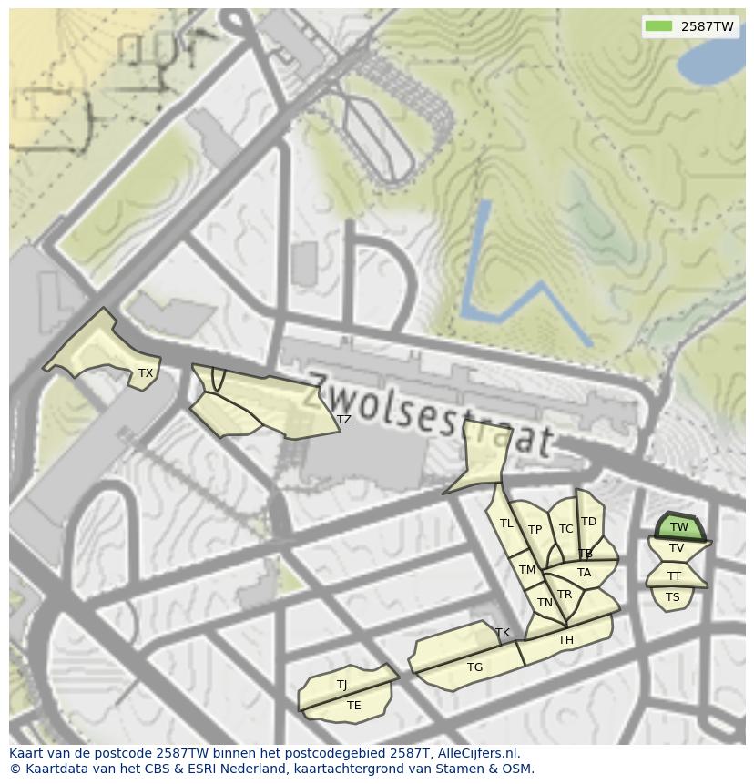 Afbeelding van het postcodegebied 2587 TW op de kaart.