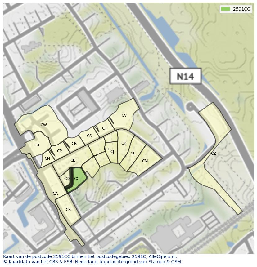 Afbeelding van het postcodegebied 2591 CC op de kaart.