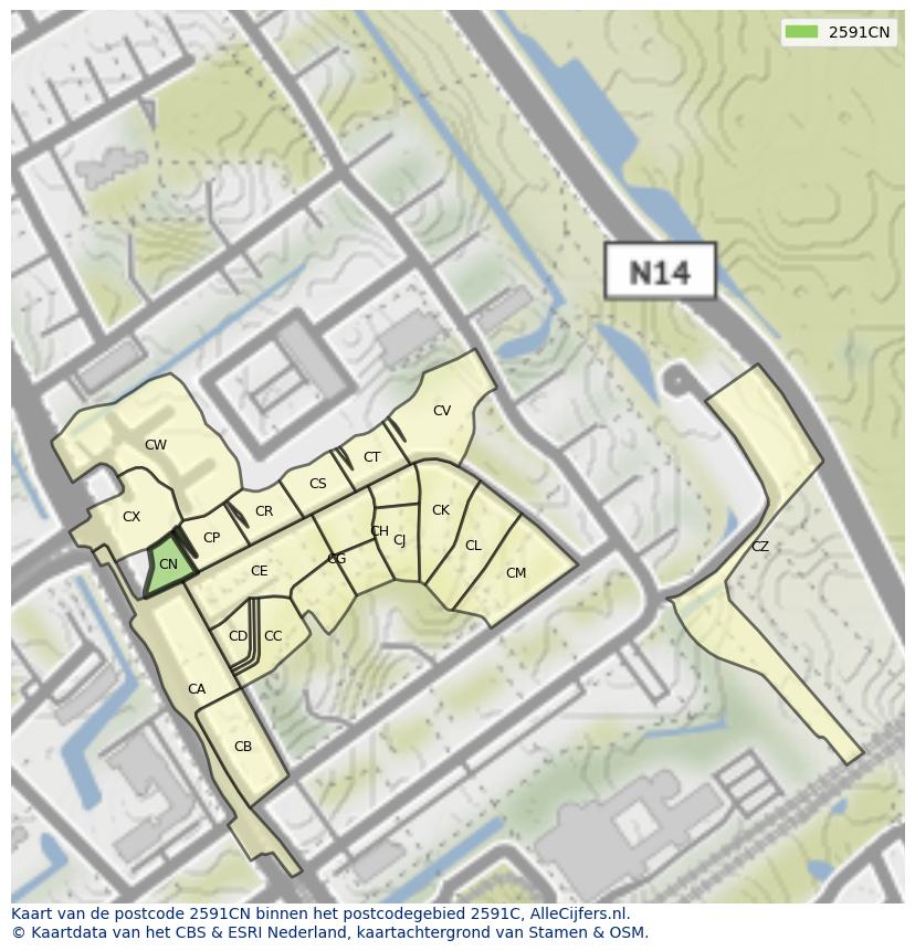 Afbeelding van het postcodegebied 2591 CN op de kaart.