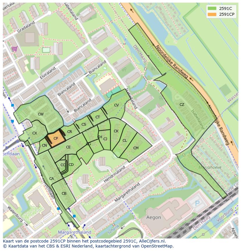 Afbeelding van het postcodegebied 2591 CP op de kaart.