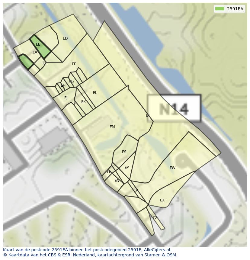 Afbeelding van het postcodegebied 2591 EA op de kaart.