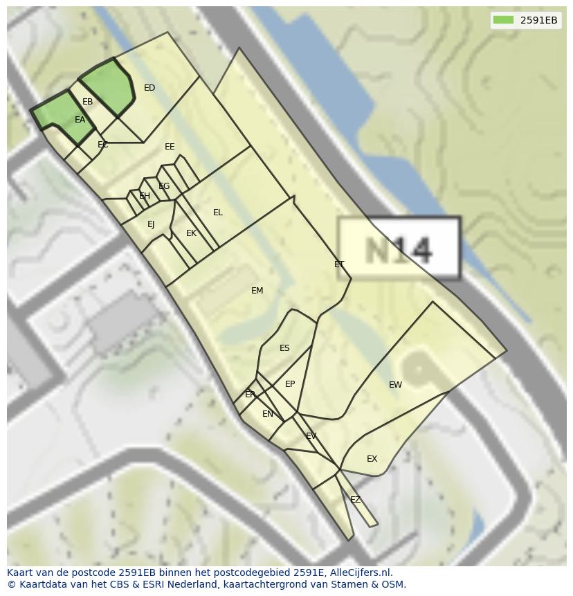 Afbeelding van het postcodegebied 2591 EB op de kaart.