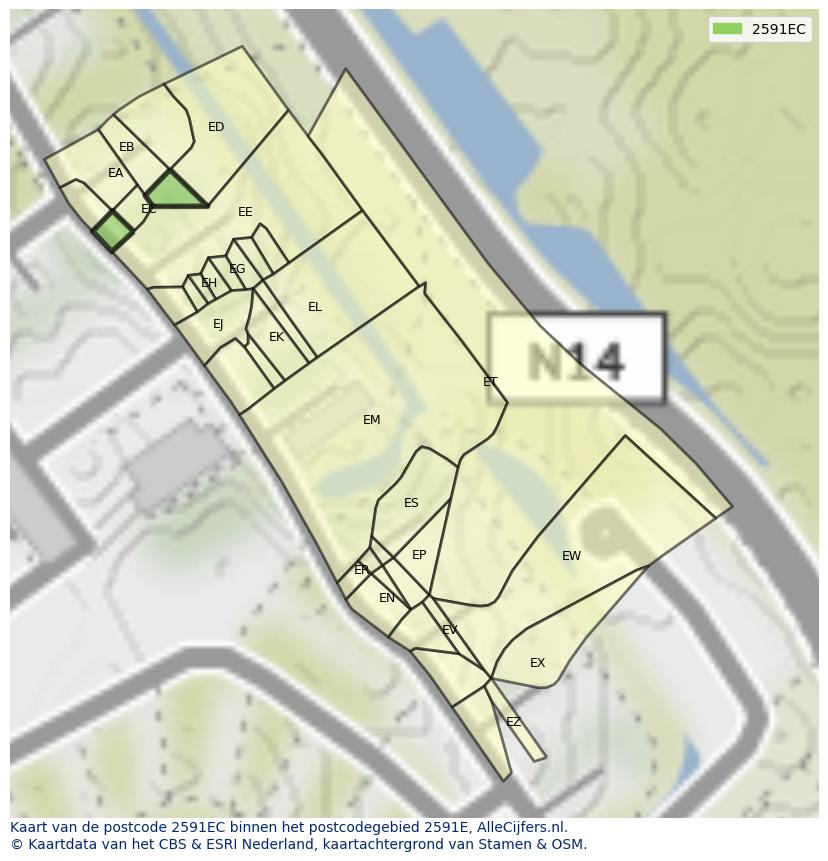 Afbeelding van het postcodegebied 2591 EC op de kaart.
