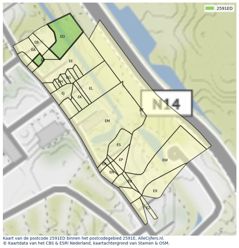 Afbeelding van het postcodegebied 2591 ED op de kaart.