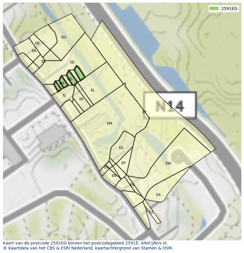 Afbeelding van het postcodegebied 2591 EG op de kaart.