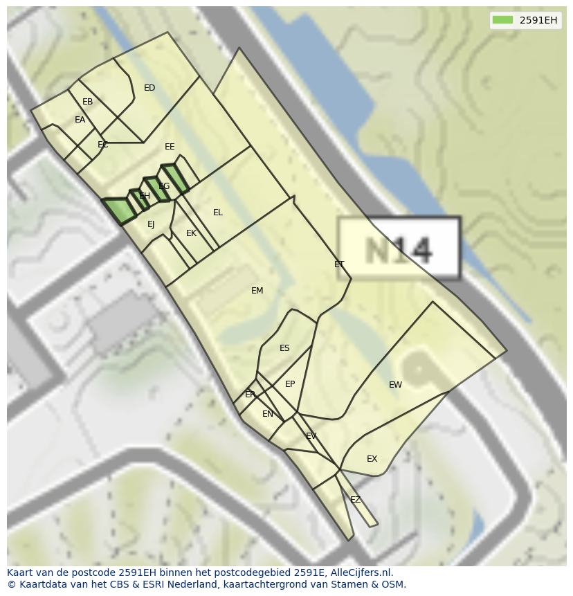 Afbeelding van het postcodegebied 2591 EH op de kaart.