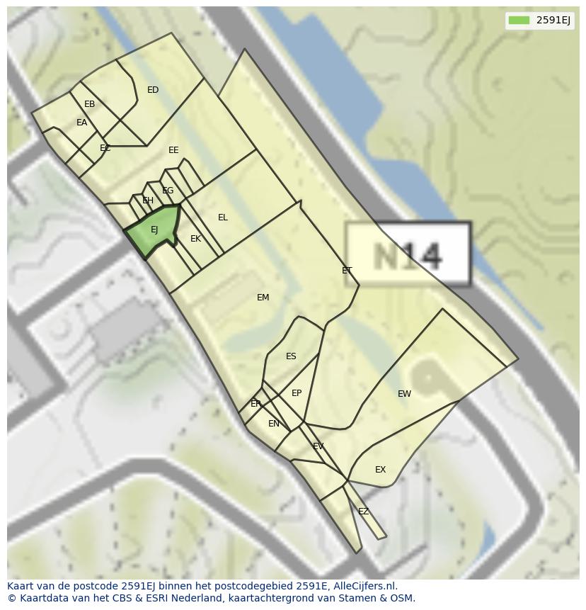 Afbeelding van het postcodegebied 2591 EJ op de kaart.