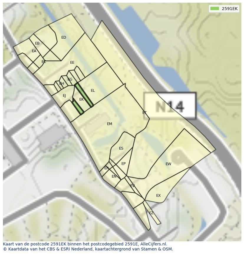 Afbeelding van het postcodegebied 2591 EK op de kaart.