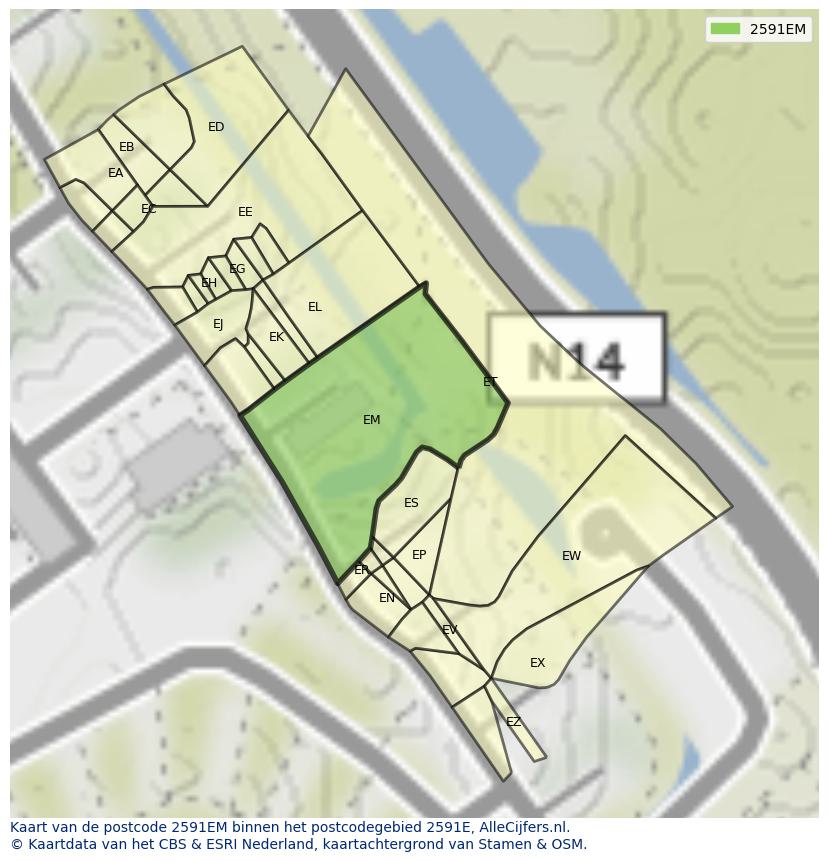 Afbeelding van het postcodegebied 2591 EM op de kaart.
