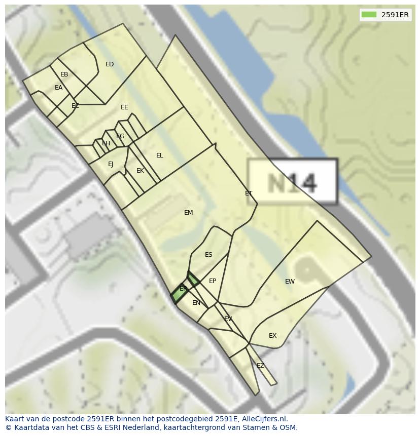 Afbeelding van het postcodegebied 2591 ER op de kaart.