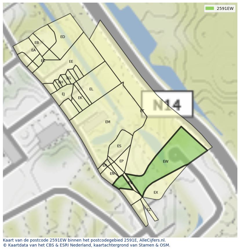 Afbeelding van het postcodegebied 2591 EW op de kaart.