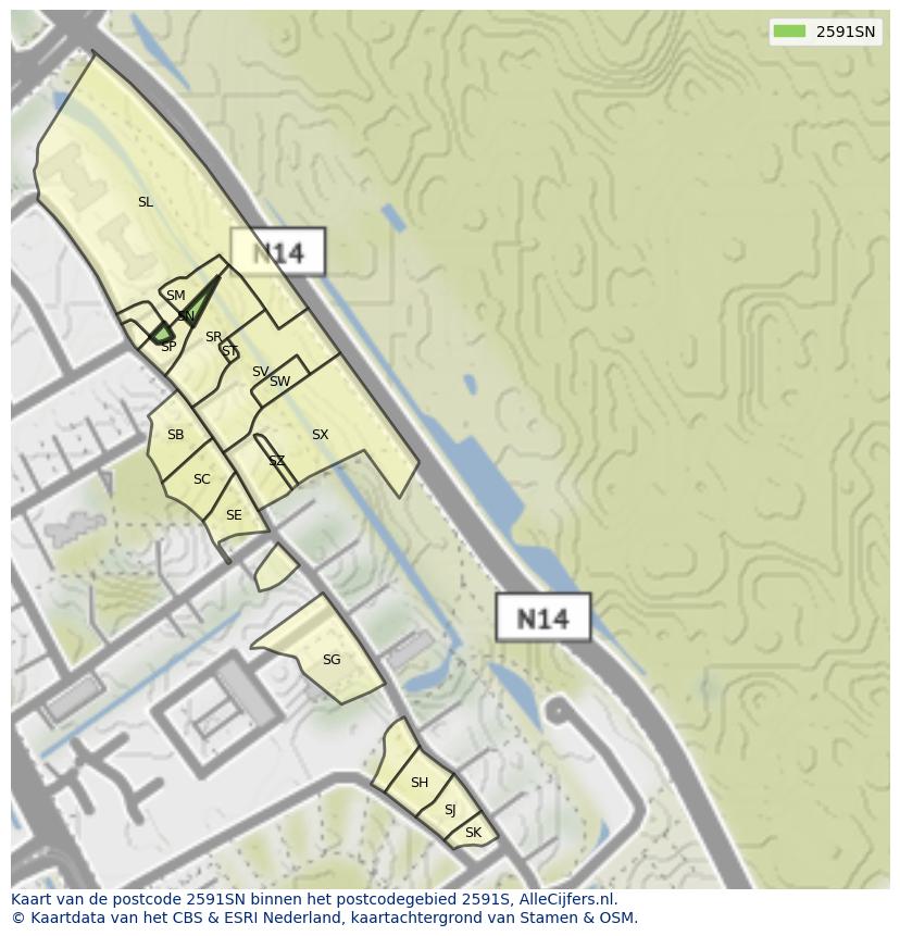 Afbeelding van het postcodegebied 2591 SN op de kaart.