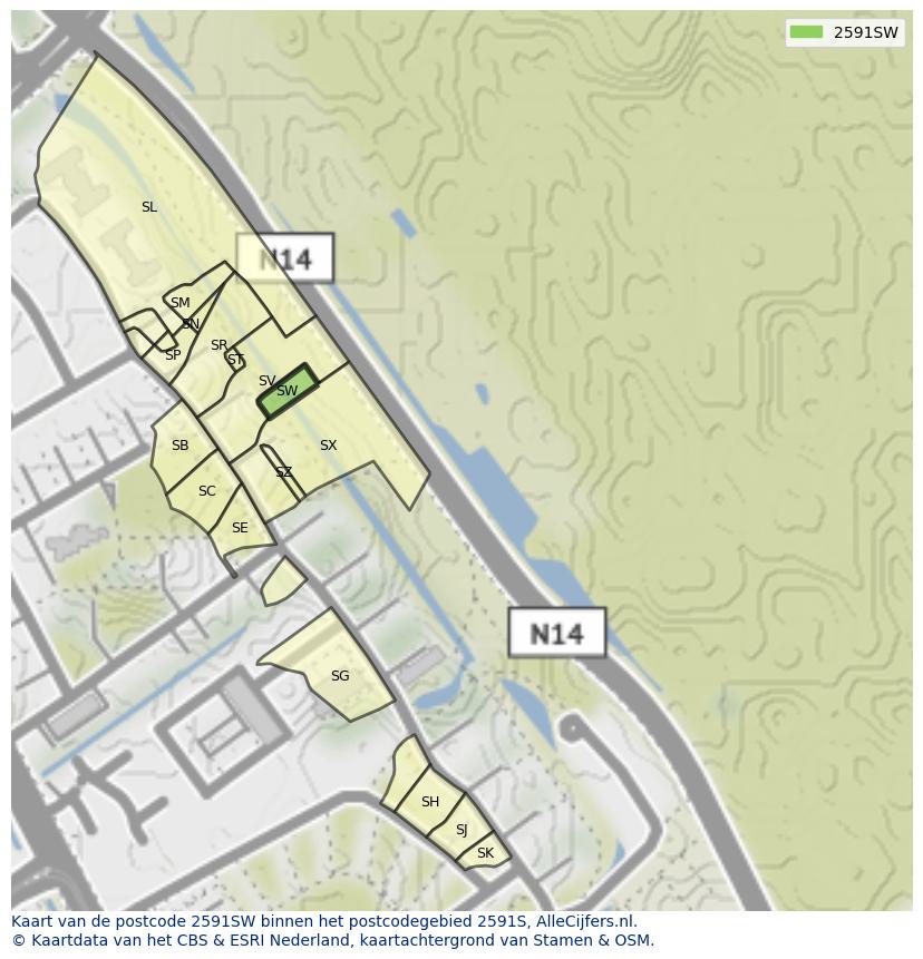 Afbeelding van het postcodegebied 2591 SW op de kaart.