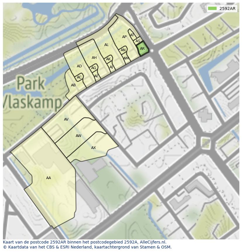 Afbeelding van het postcodegebied 2592 AR op de kaart.