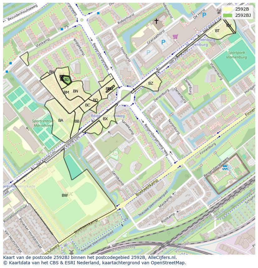 Afbeelding van het postcodegebied 2592 BJ op de kaart.