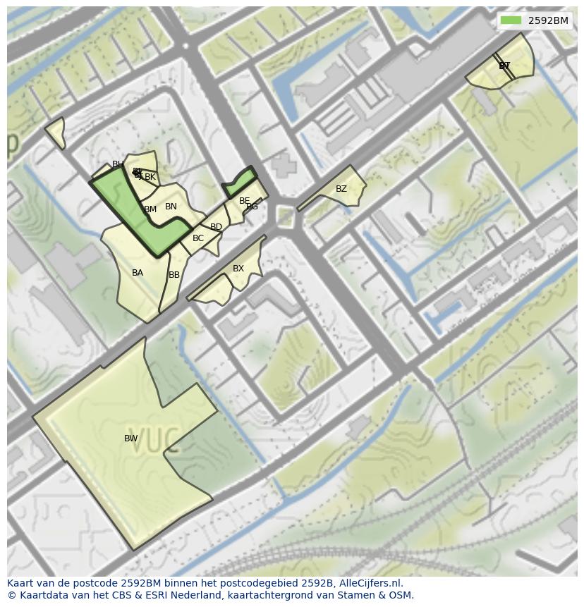 Afbeelding van het postcodegebied 2592 BM op de kaart.
