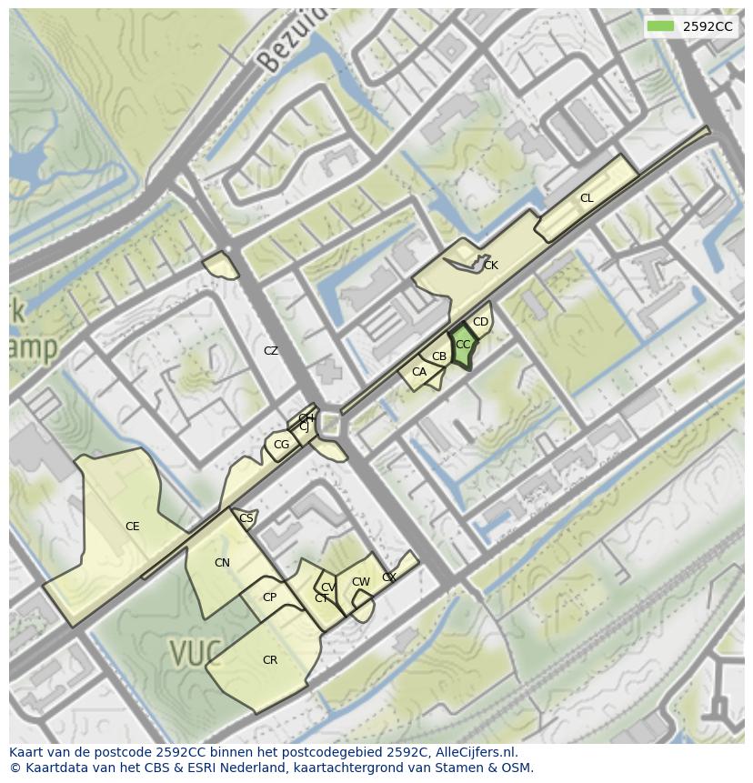 Afbeelding van het postcodegebied 2592 CC op de kaart.