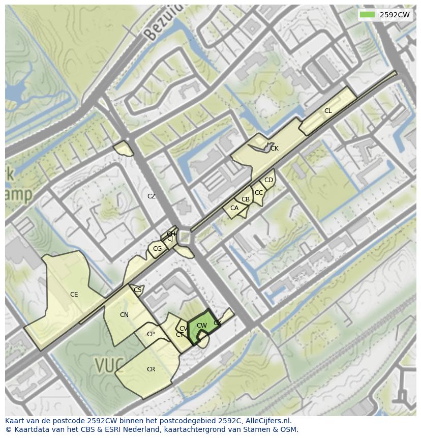 Afbeelding van het postcodegebied 2592 CW op de kaart.