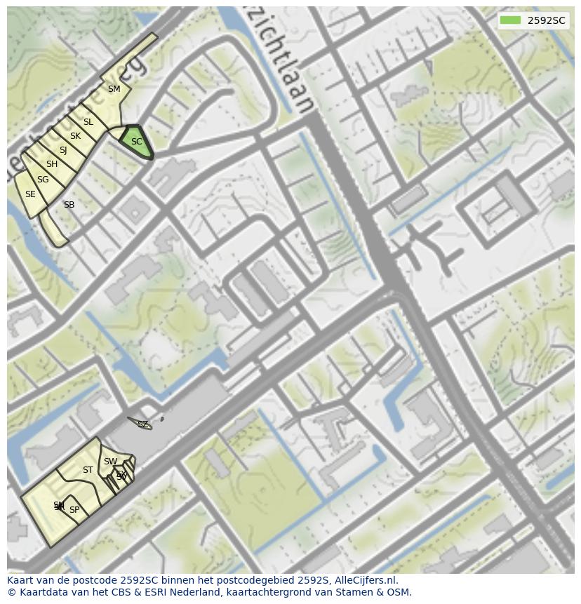 Afbeelding van het postcodegebied 2592 SC op de kaart.