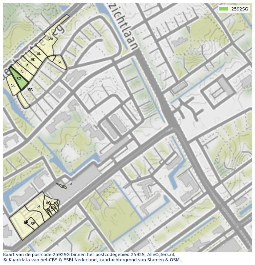 Afbeelding van het postcodegebied 2592 SG op de kaart.