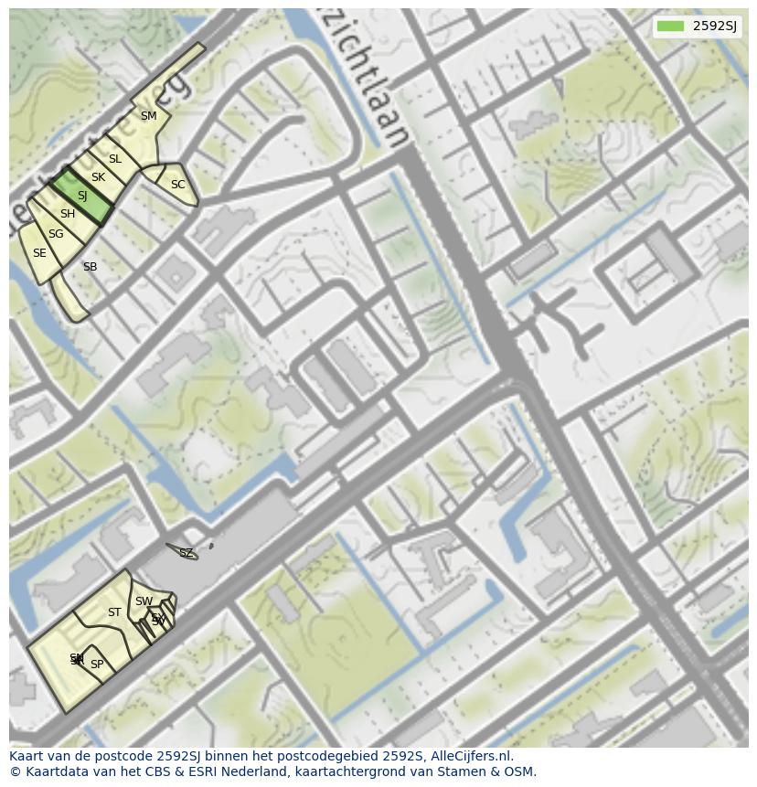 Afbeelding van het postcodegebied 2592 SJ op de kaart.