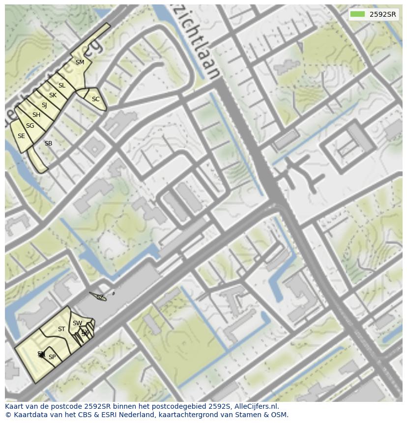 Afbeelding van het postcodegebied 2592 SR op de kaart.