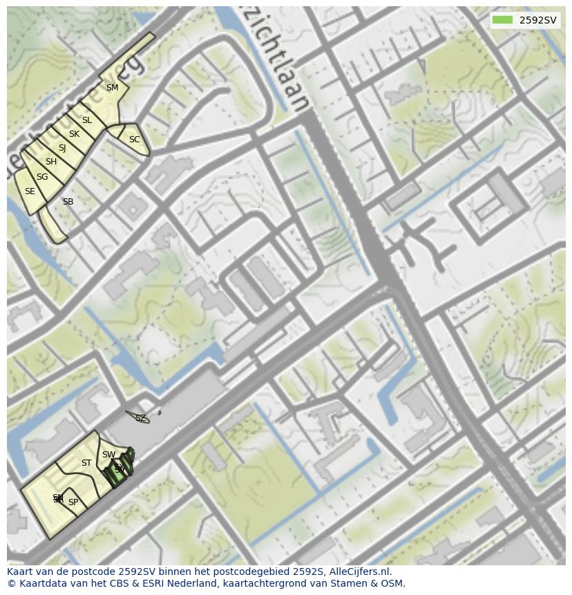 Afbeelding van het postcodegebied 2592 SV op de kaart.