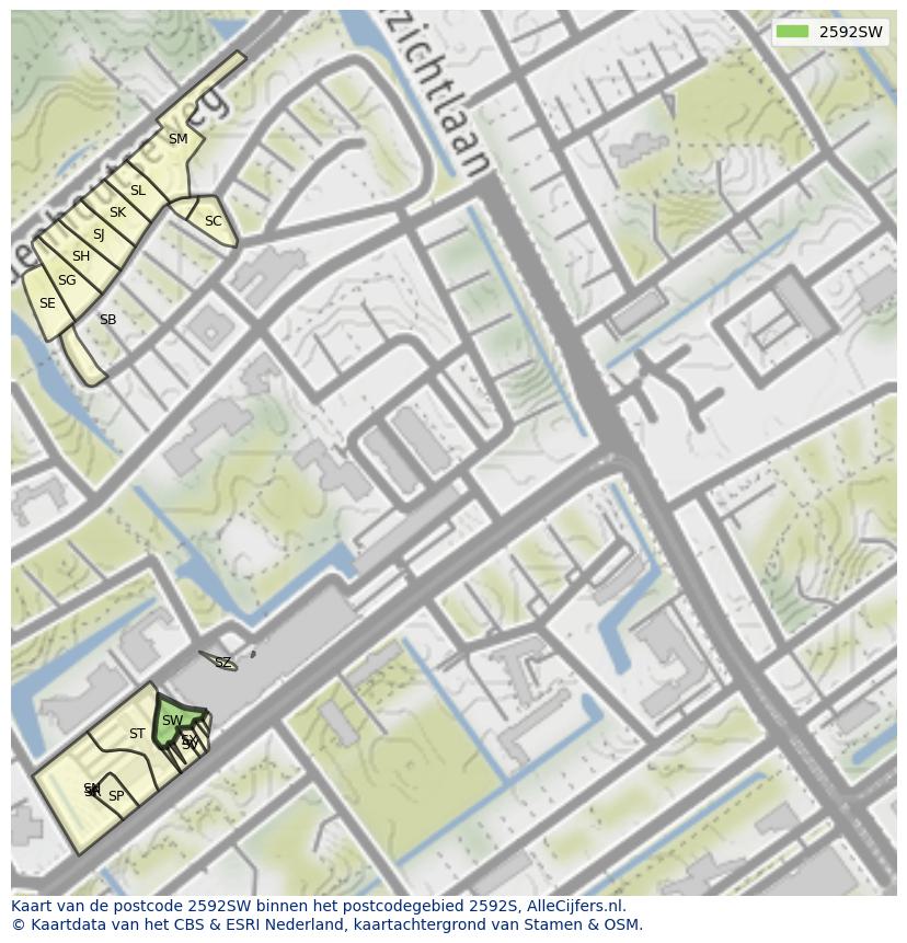 Afbeelding van het postcodegebied 2592 SW op de kaart.