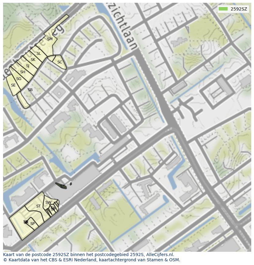 Afbeelding van het postcodegebied 2592 SZ op de kaart.