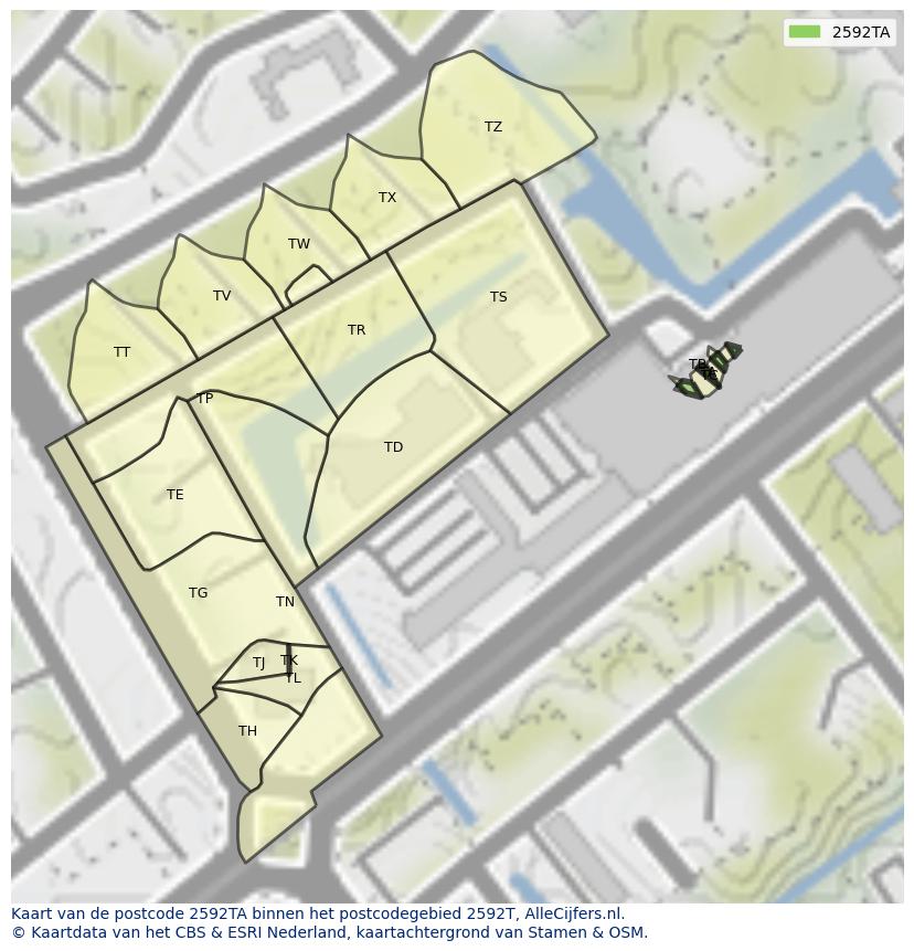 Afbeelding van het postcodegebied 2592 TA op de kaart.