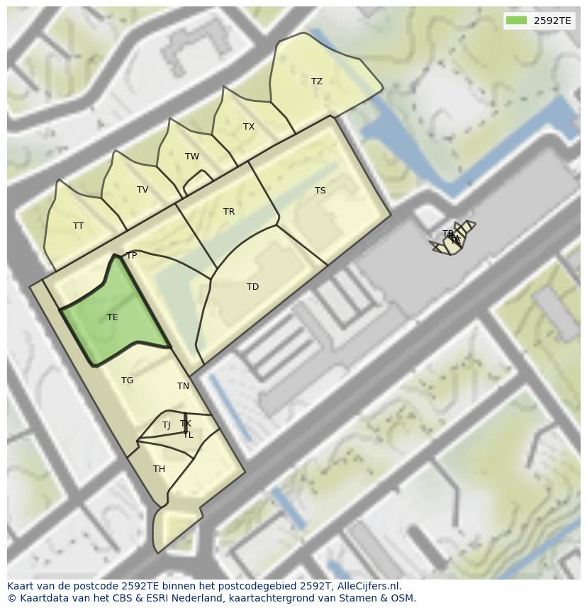 Afbeelding van het postcodegebied 2592 TE op de kaart.