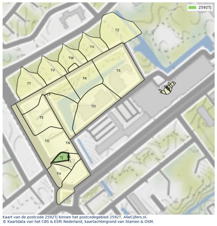 Afbeelding van het postcodegebied 2592 TJ op de kaart.