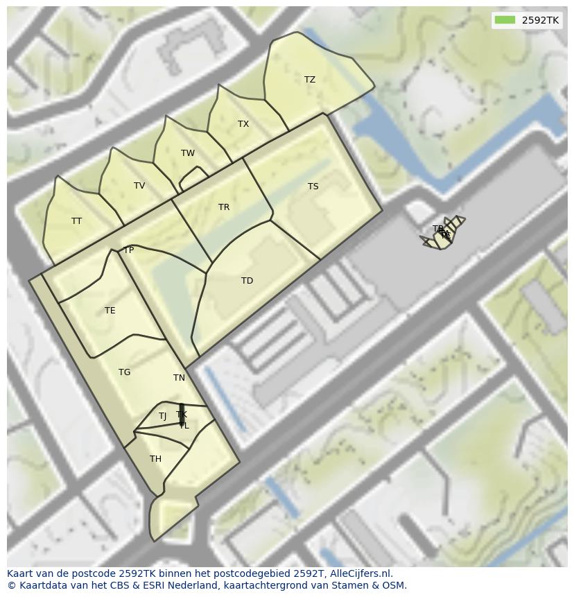 Afbeelding van het postcodegebied 2592 TK op de kaart.