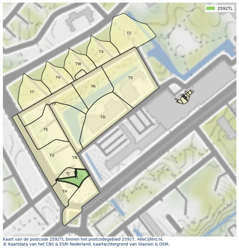 Afbeelding van het postcodegebied 2592 TL op de kaart.