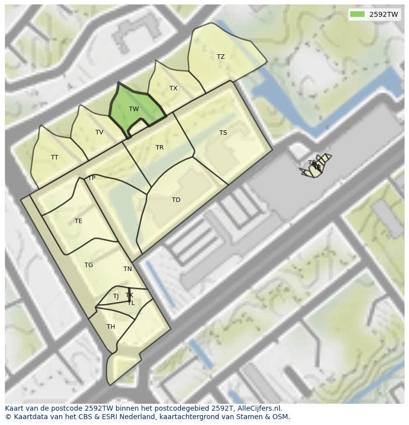 Afbeelding van het postcodegebied 2592 TW op de kaart.