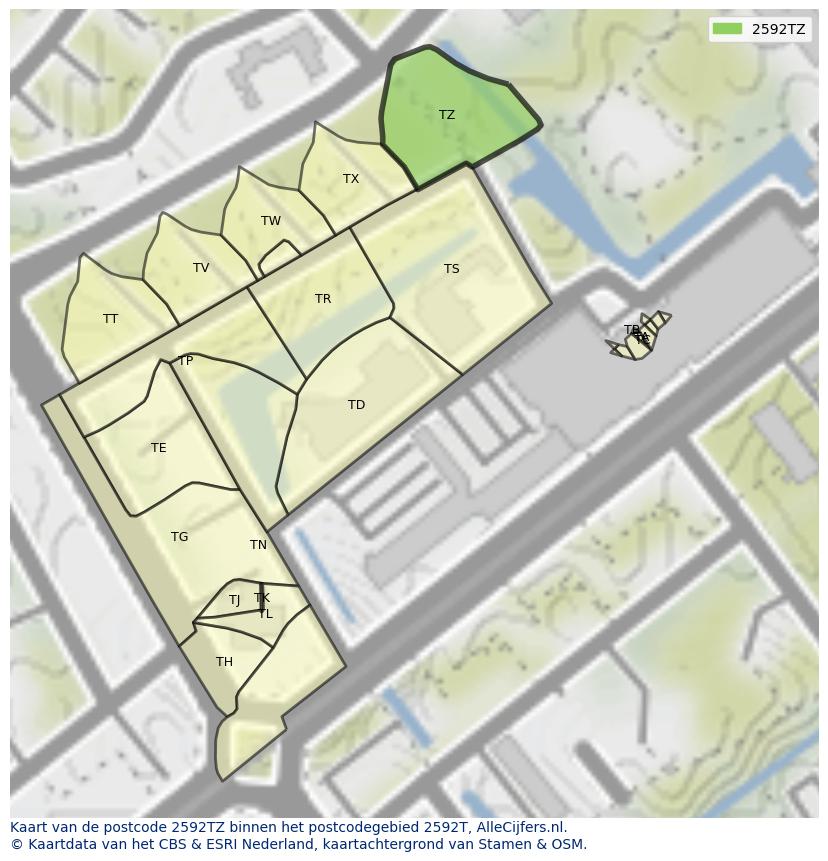 Afbeelding van het postcodegebied 2592 TZ op de kaart.