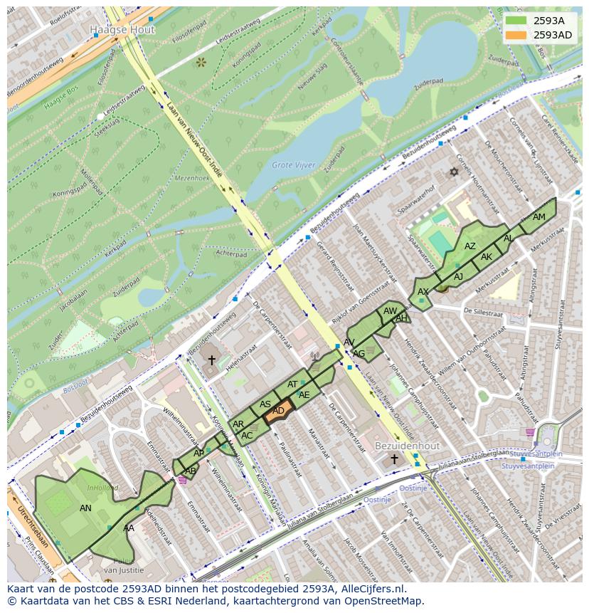 Afbeelding van het postcodegebied 2593 AD op de kaart.